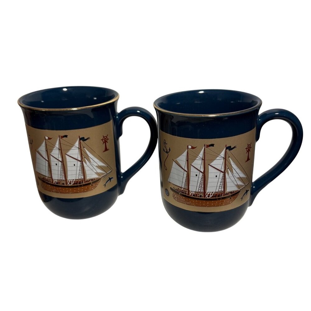 Otagiri Mugs Schooner Sailing Ship Navy Blue Gold Trim Anchor Japan Set of 2